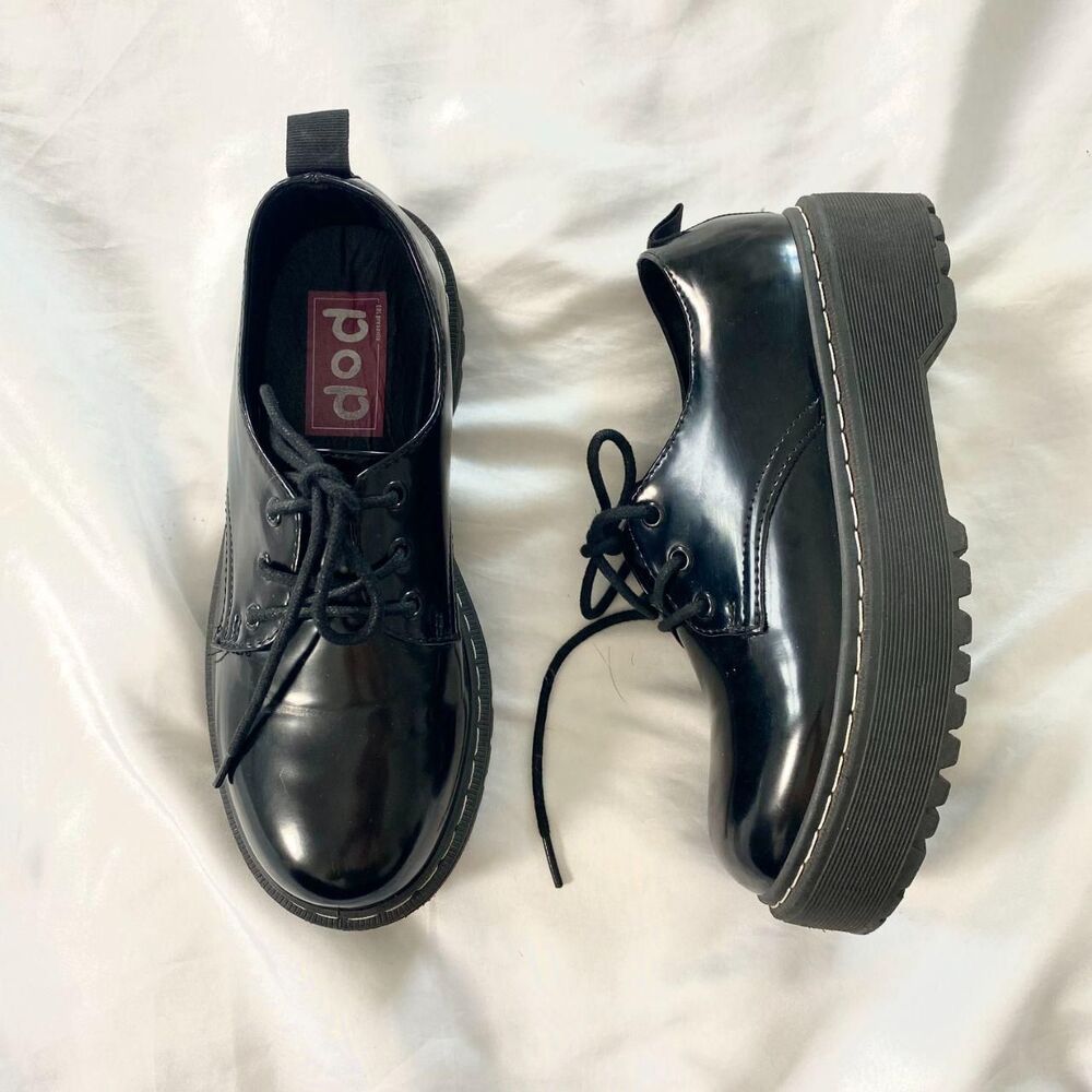 pop Y2K Chunky Lug Sole Platform Black Faux Patent Oxford Loafers  US 6